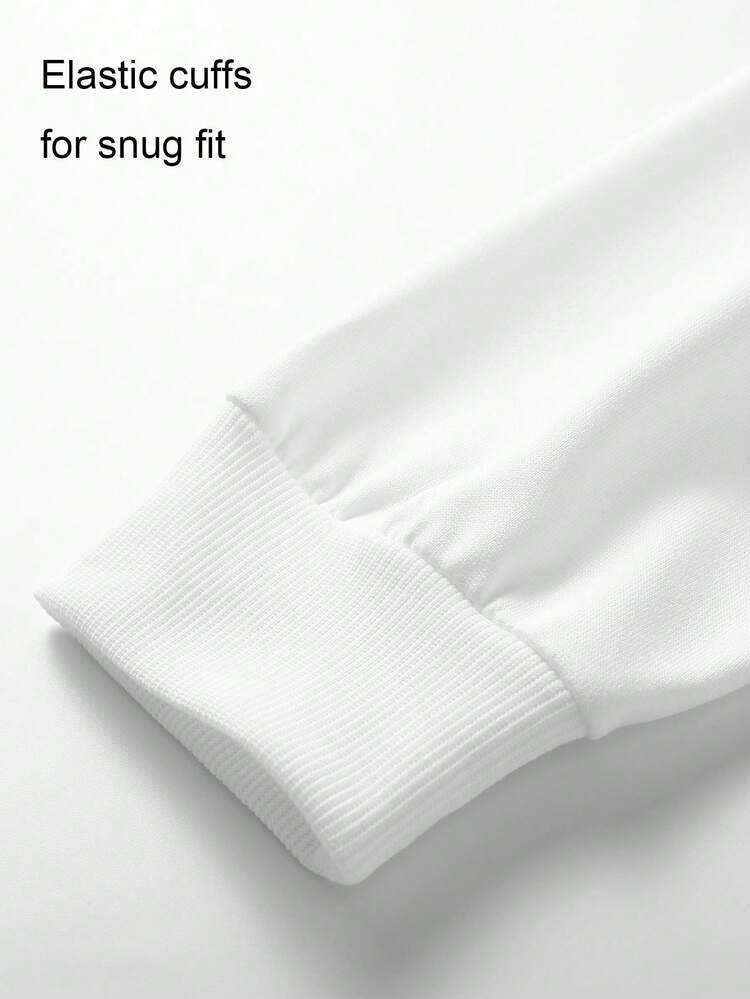 2 件秋季男士运动衫和运动裤套装，白色长袖圆领休闲上衣，针织松紧腰带黑色慢跑裤，篮球图案印花 - 白色 - 查看 4