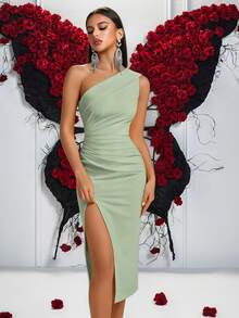 Elisanya 1件女款純色百褶單肩前開衩舞會長裙，優雅雞尾酒會半正式禮服，舞會婚禮賓客禮服，畢業禮服 - 綠色 - 查看 3
