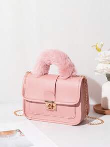 1个女孩复古印花毛绒手提包，可爱金属链条斜挎包，休闲约会手机包，理想礼物