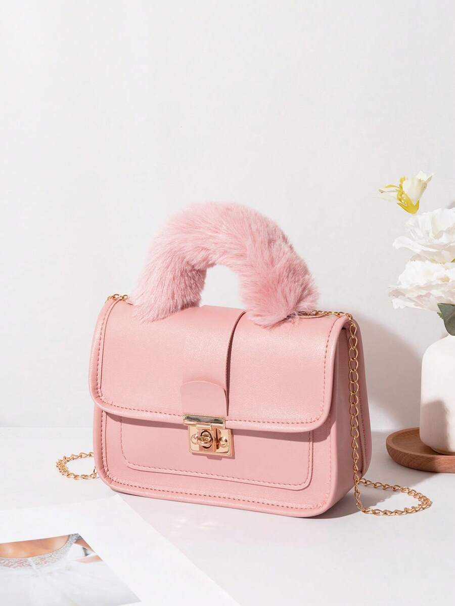 1个女孩复古印花毛绒手提包，可爱金属链条斜挎包，休闲约会手机包，理想礼物