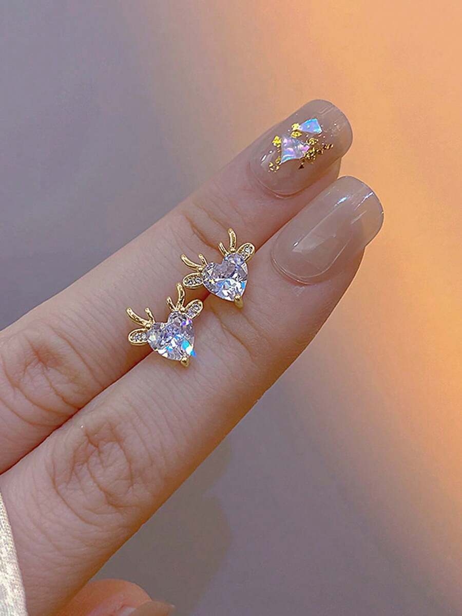 1 对可爱鹿耳钉，适合女士，简约圣诞鹿耳环 - 金色 - 查看 1