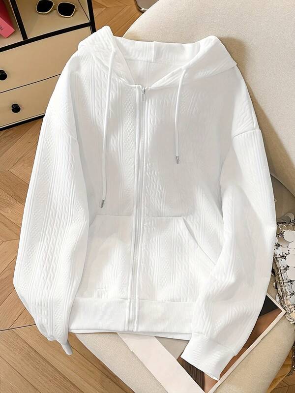 White Textured Cotton Hooded Zip-Up Casual Sweatshirt, Spring/Autumn