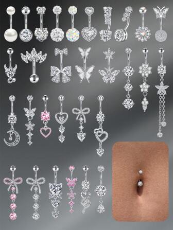 CIZME 1pc Funky Stainless Steel Heart Flower Butterfly Belly Button Ring For Women For Daily Decoration, 14G 10mm Belly Rings Piercings Jewelry Faceted Cubic Zirconia Dangling Belly Navel Rings Belly Piercing Body Jewelry