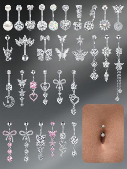 CIZME 1pc Funky Stainless Steel Heart Flower Butterfly Belly Button Ring For Women For Daily Decoration, 14G 10mm Belly Rings Piercings Jewelry Faceted Cubic Zirconia Dangling Belly Navel Rings Belly Piercing Body Jewelry