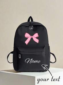Personalized Pink Bow Print Students Backpack,Customized Name Classical Casual Day Pack College Backpack,Large Capacity Laptop Backpack,Lightweight School Book Bag