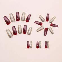 Long Coffin Press On Nails Cat Eye Fake Nails Gold Glitter False Nails With Designs Long Nail Press Ons Full Cover Glue On Nails Sparkly Artificial Nails Cute Stick On Nails For Women 24Pcs - 長款-C5C42 - 查看 2