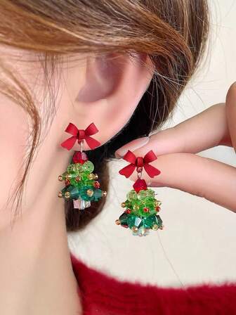 1 par de lindos y dulces pendientes con forma de árbol de Navidad con moño rojo, adecuados para mujeres en cualquier ocasión