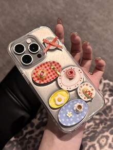 Cute Funny Epoxy Dinner Plate Food Glitter Clear Phone Case Compatible With IPhone 16 15 14 13 Pro Max Lovely Creative Sequins Glitter Back Gift - Clear - View 1