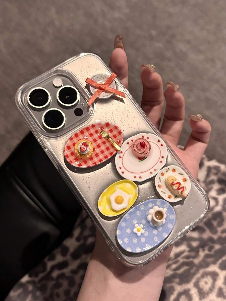 Cute Funny Epoxy Dinner Plate Food Glitter Clear Phone Case Compatible With IPhone 16 15 14 13 Pro Max Lovely Creative Sequins Glitter Back Gift - Clear - View 1