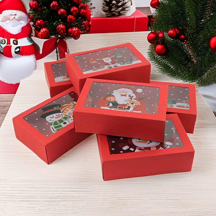 6入聖誕卡通糖果包裝盒 透明窗盒 紅色節日禮物盒 聖誕禮品包裝盒 - 紅色 - 查看 1