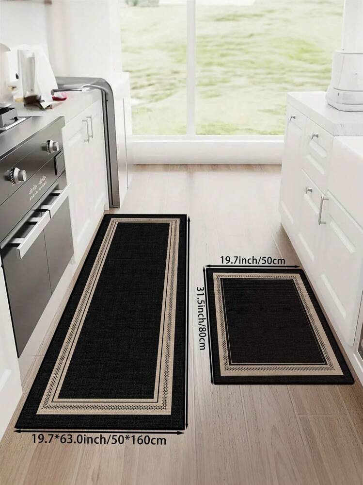 1 pieza Alfombra de cocina de patrón simple negro, con borde beige, antideslizante y resistente a las manchas, adecuada para decoración de habitaciones, sala de estar, baño, dormitorio, alfombra de entrada y alfombra de exterior. Hecha de fibra de poliéster, fácil de limpiar, lavable a máquina, adecuada para todas las estaciones y festividades. - Negro - Añade 7