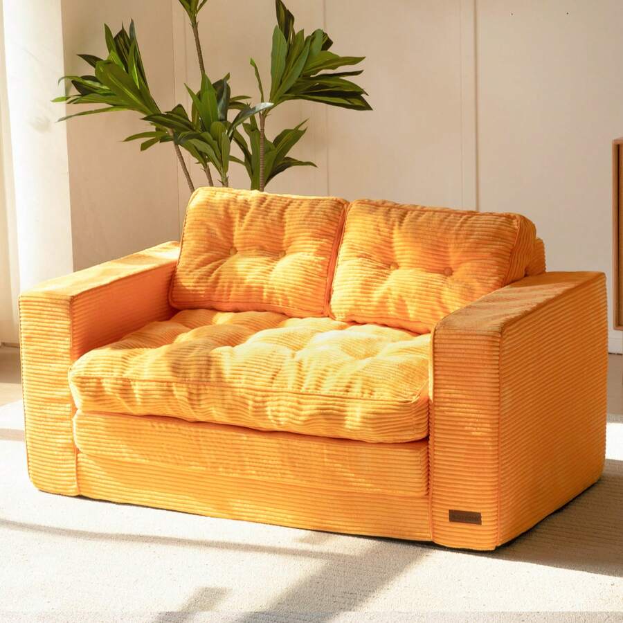 MAXYOYO Convertible Sofa Bed,Pull-Out Double Sofa Bed,2-In-1 Folding Sofa Bed Filled With High-Density Sponge,Folding Floor Sofa With Pillows,Suitable For Living Room,Bedroom,Study - 橘色 - 查看 1