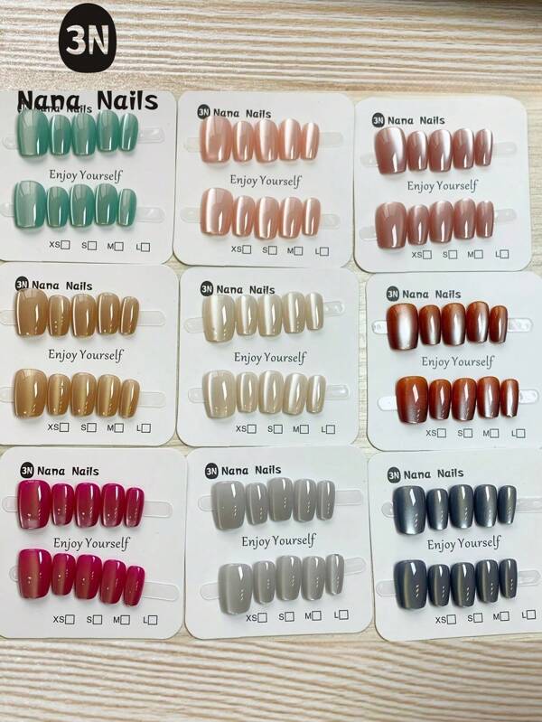90pcs/Set Yanling Moonlight Box Tender Romantic False Nails - 9pcs Porcelain White Cat Eye Short Style Nails, Suitable For Women Daily Commute, Reusable & DIY