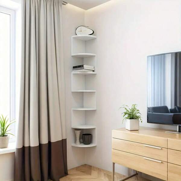 7-Layer Floating Corner Shelf - Space-Saving Corner Storage Rack, Durable Plastic Structure, Easy-To-Install Adhesive Mounting - Modern Minimalist & Bohemian Style, Suitable For Living Room, Bedroom, Bathroom, Kitchen - Perfect Organizer For Books, Decorations, Plants - Ideal For Small Apartments & Home Offices, Multi-Functional Shelf With Adhesive Installation