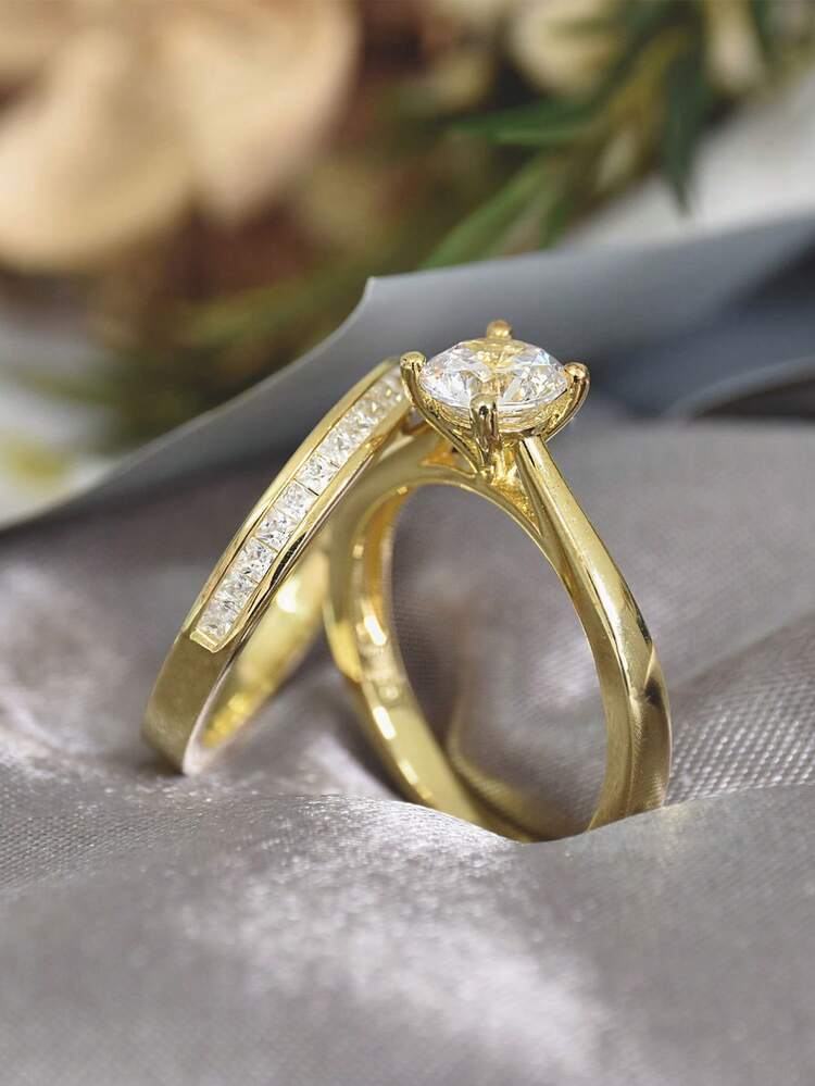 AIHUASI 2pcs/Set Elegant 925 Sterling Silver Yellow Gold Color Wedding Rings Bridal Set For Women 6.5*6.5mm 1.0 Carat Brilliant Dazzling Round Cut AAAAA Cubic Zirconia Solitaire Engagement Ring Fine Jewelry Valentines Gift - Yellow Gold - View 9