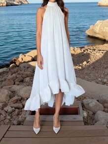 Women's Off The Shoulder Wide Pleated Dress - White - View 3