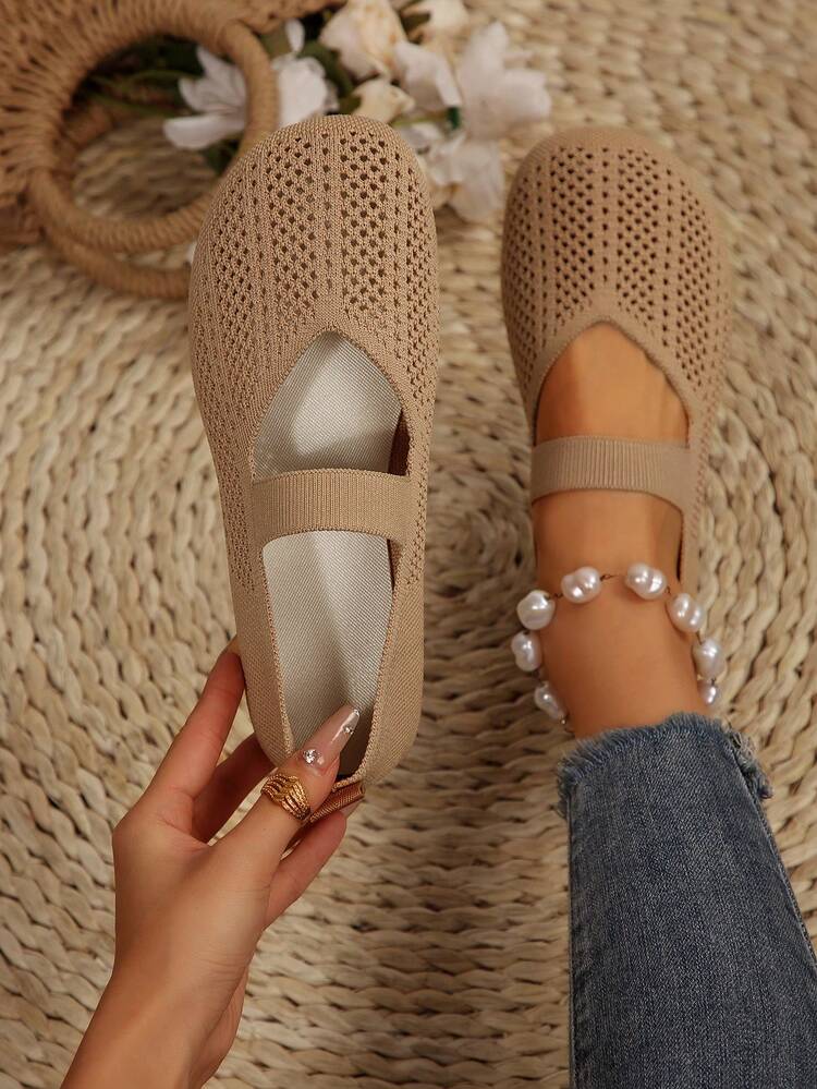 2025年秋季女士四季针织玛丽珍平底鞋，纯色一脚蹬圆头鞋，织物鞋面和衬里，橡胶鞋底，可机洗 - 杏色 - 查看 1