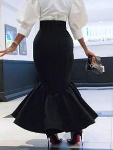 Rok A-Line Rajut Warna Polos untuk Wanita Ukuran Besar, Cocok untuk Semua Musim, Warna Hitam - Hitam - View 4