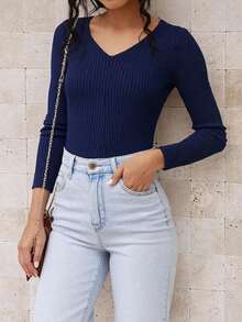GIGOGOU Women's V-Neck Ribbed Basic Sweater, Fashionable Sexy Slim Fit Casual Top, Suitable For Spring And Autumn - Royal Blue - View 8