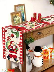 1pc Christmas Theme Tablecloth, 35x180cm, Vintage Style Pattern Design With Santa Claus & Snowman Motif, Suitable For Christmas Dining Room & Living Room Decor, Family Gathering, Winter Textile.