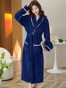 1pc Thick Autumn/Winter Plush Soft Robe, Vacuum Compressed Delivery, Shawl Collar, Loungewear, Bathrobe, For Women, Adults, Students, Casual, Bathing, Salon, Personal Use, Gift - Multicolor - View 12