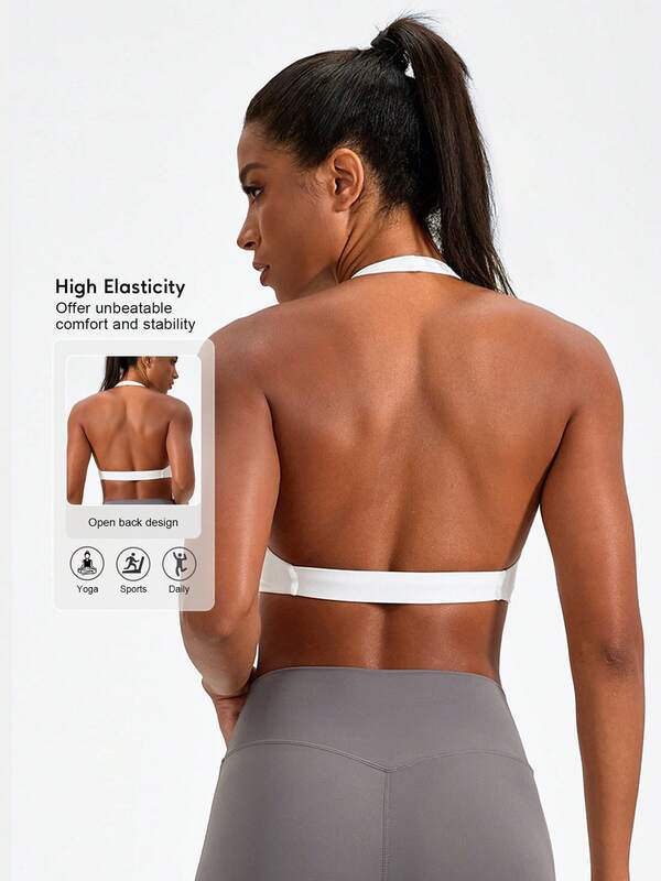 Sodalemon Sutiã de ginástica feminino torcido com alças finas e costas nuas, top de treino com decote em V acolchoado, cor sólida, sutiã esportivo casual para ioga