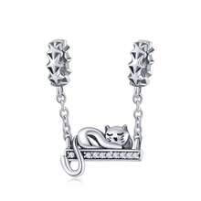 WOSTU WOSTU 1 buc 925 Sterling Silver Cat Beads Cat Black Cat Drăguț Kitty Animals Pendant Pink Heart Shape CZ Charms Pentru Brățară DIY Colier Fine Jewelry Accessories