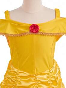 8pcs/Set Yellow Sleeveless Pleated Girls Red Rose Dress With Accessories, Children Christmas Party Halloween Costume Dress Up Set - Yellow - View 3