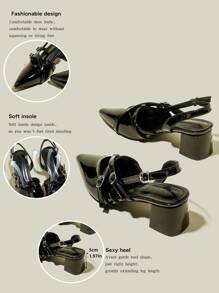 女士黑色漆皮尖头单带粗跟连衣裙高跟鞋