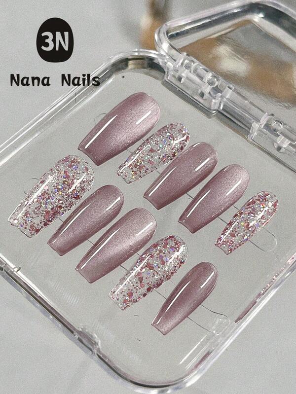 Pink & Mixed Glitter Press-On Nails Set - Square Shape, Short Length With Star Pattern & Colorblock Design - High Gloss Finish Reusable Manicure Kit, Purely Handmade, Guaranteeing Exquisite Quality.