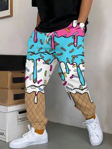Men's Fashionable 3D Print Casual Pants With Elastic Drawstring And Pockets, Novelty & Stylish , Fall - Multicolor - View 4