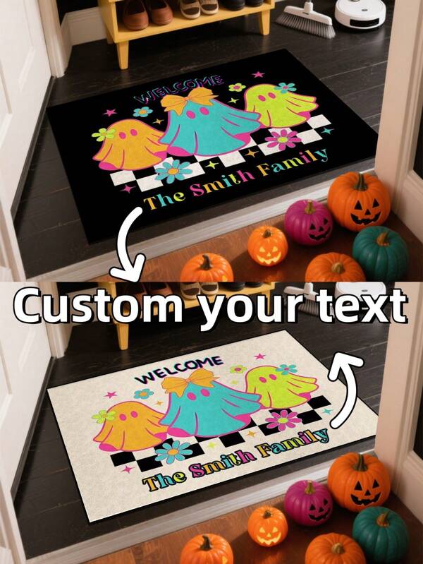 1pc Halloween Element High Saturation Cool Ghost Customizable Text Decorative Doormat - Design, Non-Fading, Suitable For Bedroom, Study, Computer Room, Indoor/Outdoor Entrance, Ideal Halloween Gift For Family, 40*60/50*80/40*120cm