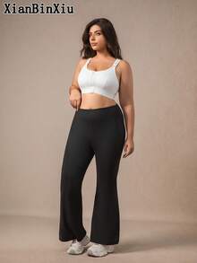 XianBinXiu 1件加大码女式藏蓝色喇叭瑜伽裤，高腰显瘦宽松休闲瑜伽裤，带口袋，针织面料，弹力舒适，适合日常休闲穿着和瑜伽，四季皆宜。 - 黑色 - 查看 5