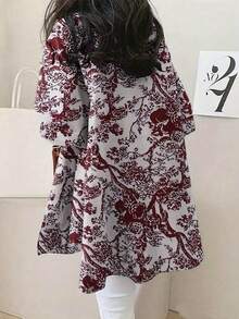 秋冬季女式加大码复古随机印花休闲宽松衬衫，优雅奢华上衣，适合度假、海滩、万圣节、圣诞节、新年、感恩节、派对、郊游等场合。 - 酒紅色 - 查看 3