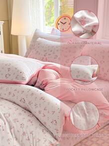 3 件套粉色花卉床上用品套装，纯色小碎花图案床上用品套装，舒适的 3 件套花卉羽绒被套，适用于卧室装饰（1 个羽绒被套 + 2 个枕套，无填充物），适合旅行、宿舍（男孩和女孩） - 粉色 - 查看 8