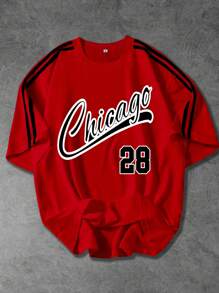 Shwiy 男士简约黑色胶带装饰短袖芝加哥 28 号图案 T 恤，适合学校和休闲穿着，街头 - 紅色 - 查看 1