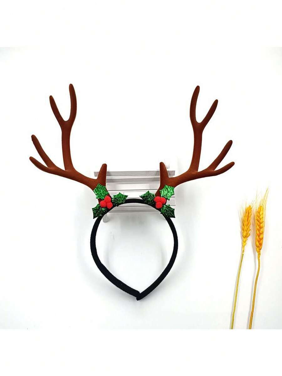 10-Zoll Weihnachts-Rentiergeweih-Haarband, Weihnachtsparty Foto-Requisite, braunes Hirschgeweih Deko mit grünen Blättern und roten Beeren, Weihnachtlicher Haarschmuck, Feier-Requisite, Partydekoration, geeignet für Weihnachten