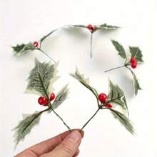 20 piezas de acebo navideño con bayas y hojas verdes, hojas artificiales para decoración navideña, decoración de fiesta festiva y manualidades DIY, rojo/dorado/plateado