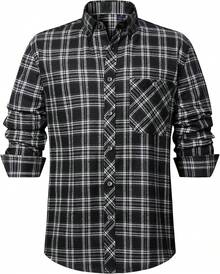 Mens Flannel Shirts Long Sleeve Dress Shirts For Men Casual Button Down Big And Tall Button Up Shirt - Black White Plaid - View 1