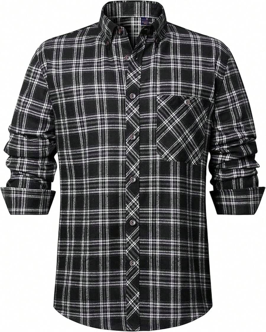 Mens Flannel Shirts Long Sleeve Dress Shirts For Men Casual Button Down Big And Tall Button Up Shirt - Black White Plaid - View 1