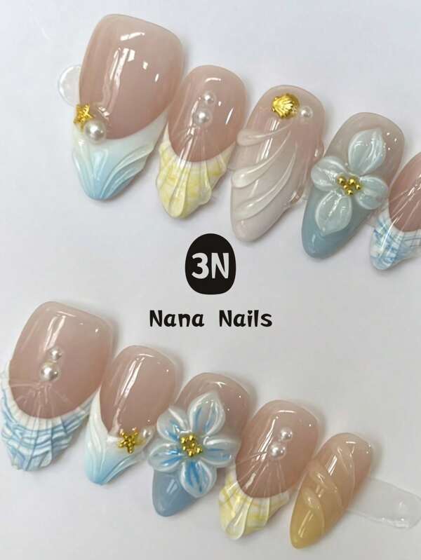 1Package/10Pcs Handcrafted 3D Press-On Nails Set Of Reusable French Almond-Shaped 3D Flower Full-Coverage Nail Stickers For Women, Perfect For Vacation And Casual Wear, Pale Yellow And Light Blue Nails