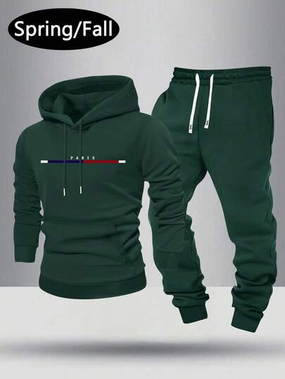 Men's Thin Hoodie And Sweatpants Set, Regular Fit, Personalized Printed Pattern, Fashion Casual Outfit With Pockets And Drawstring Waist, Suitable For Husband Or Boyfriend Gift, Street, Commute, Outdoor Use , Fall Clothes