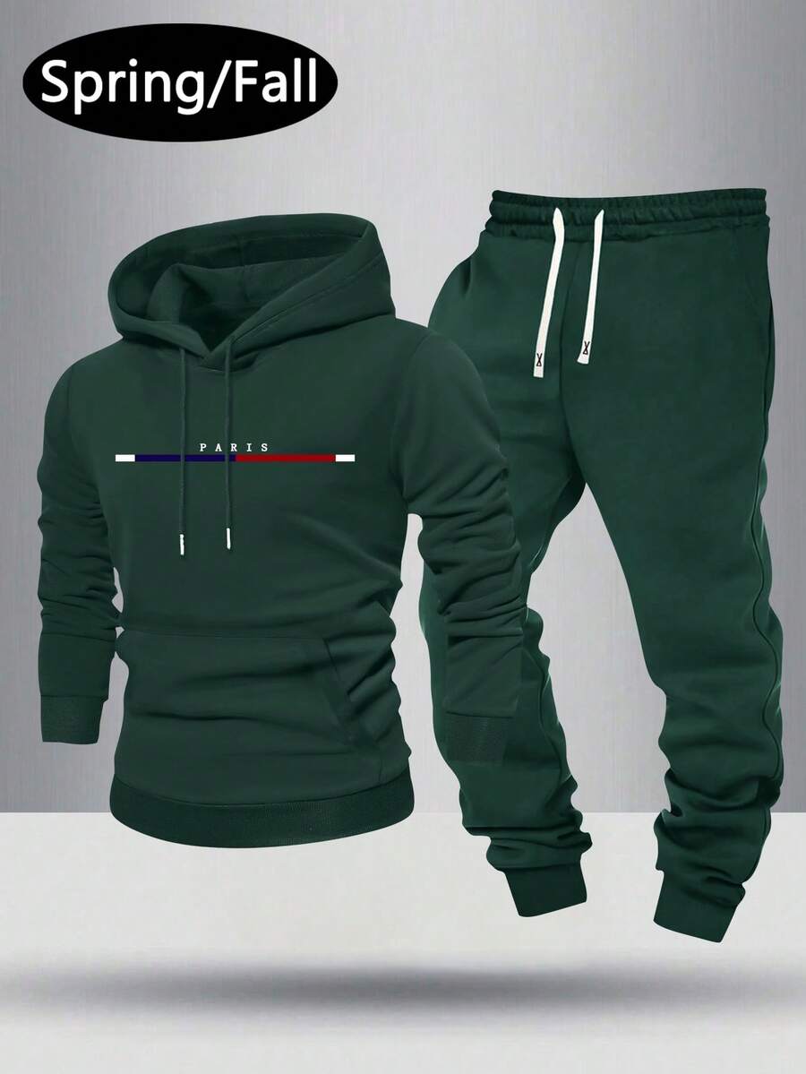 男士薄款连帽衫和运动裤套装，常规版型，个性化印花图案，时尚休闲装，带口袋和抽绳腰带，适合送给丈夫或男朋友的礼物，街头、通勤、户外使用，秋季服装 - 紅色 - 查看 1