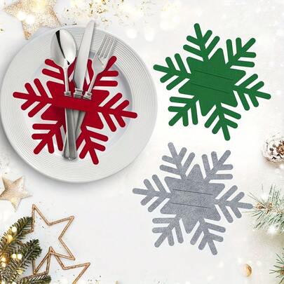 12 buah Tempat Peralatan Makan Natal Berbentuk Kepingan Salju dari Kain Felt - Poliester (Bukan Kain), Hanya Dapat Dicuci dengan Tangan, Ideal untuk Dekorasi Meja Pesta Liburan, Dekorasi Natal (6/12 buah)