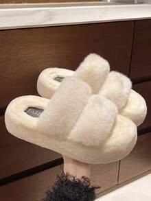 女款冬季新款厚底毛絨拖鞋，戶外穿著，秋季新款仙女風鬆弛感增高居家拖鞋，春秋室內居家辦公拖鞋 - 米色 - 查看 9