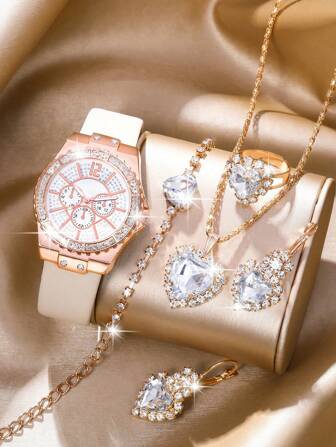 1 Set Women's Fashion Luxury Full Diamond Round Quartz Watch With Heart Pendant Necklace, Earrings, Ring, Bracelet Jewelry Accessories, Ideal For Daily Wear, Birthday Gift, Party, Holiday Gathering, Gift For Yourself Or Friends. No Packaging Box Included.