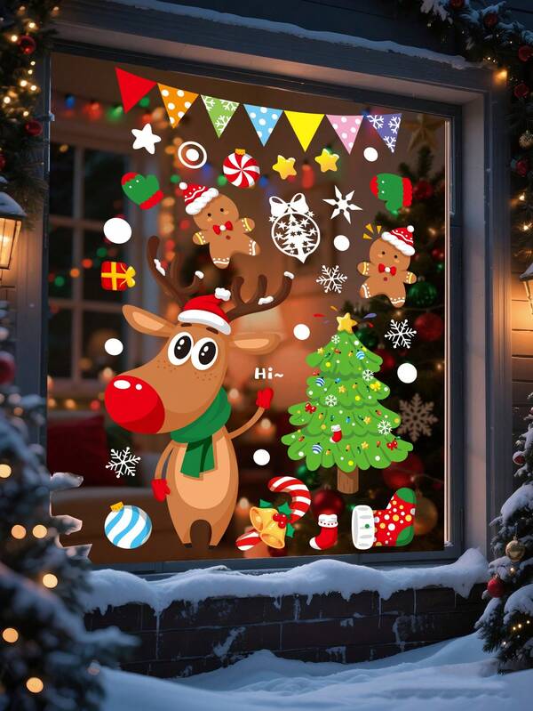 6pcs/Set Christmas Window Stickers, Reindeer, Snowman, Santa Claus Window Glass Decals, Double-Sided Window Stickers