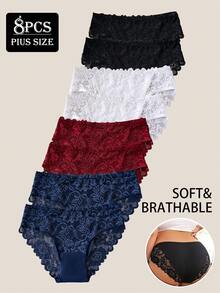 Paquete de 8 piezas de ropa interior de encaje floral de alta gama para mujer de talla grande, con cintura media elástica y transpirable, súper suave y delicado encaje, cómodo para uso diario (Conjunto esencial) - Multicolor - Ver 3