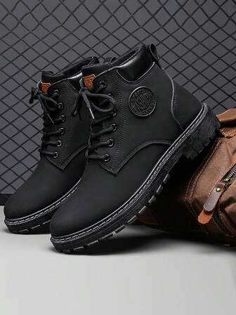 Herrstövlar, Ny design, Lämpliga för alla årstider, Tjock sula, Höjdökande, Slitstarka, Halkfria, Rund tå snörning, Klassisk retro läderyta, Vattentäta snörningshöga arbetsstövlar med tjock sula, Lämpliga för manliga studenter, Campus, Ungdom, Mångsidiga, Enkel retro robust gatustil, Utomhus, Pendling, Vandring, Cykling, Ridning