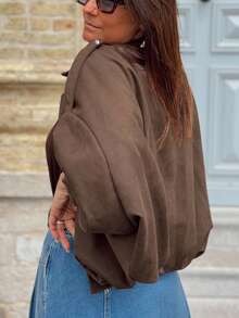 2025 Women's Faux Suede Lapel Long Sleeve Zip-Up Jacket, Loose Fit, Elegant, Suitable For Commuting, Women's Outerwear, Autumn/Winter Spring - Brown - View 2